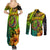 Hawaii Couples Matching Summer Maxi Dress and Long Sleeve Button Shirts Polynesian Fish Hook and Hibiscus Flowers with Gradient Pattern - Wonder Print Shop