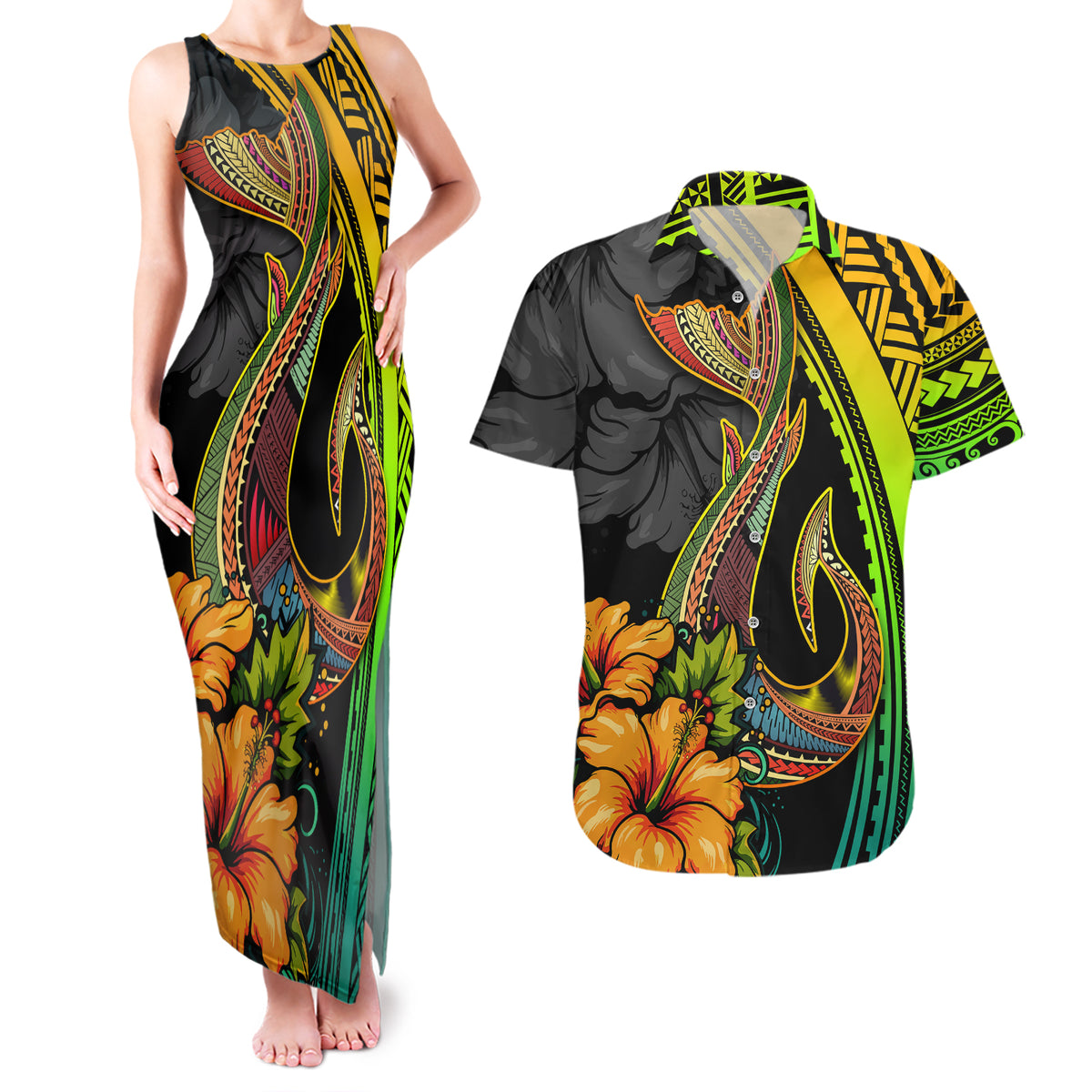 Hawaii Couples Matching Tank Maxi Dress and Hawaiian Shirt Polynesian Fish Hook and Hibiscus Flowers with Gradient Pattern - Wonder Print Shop