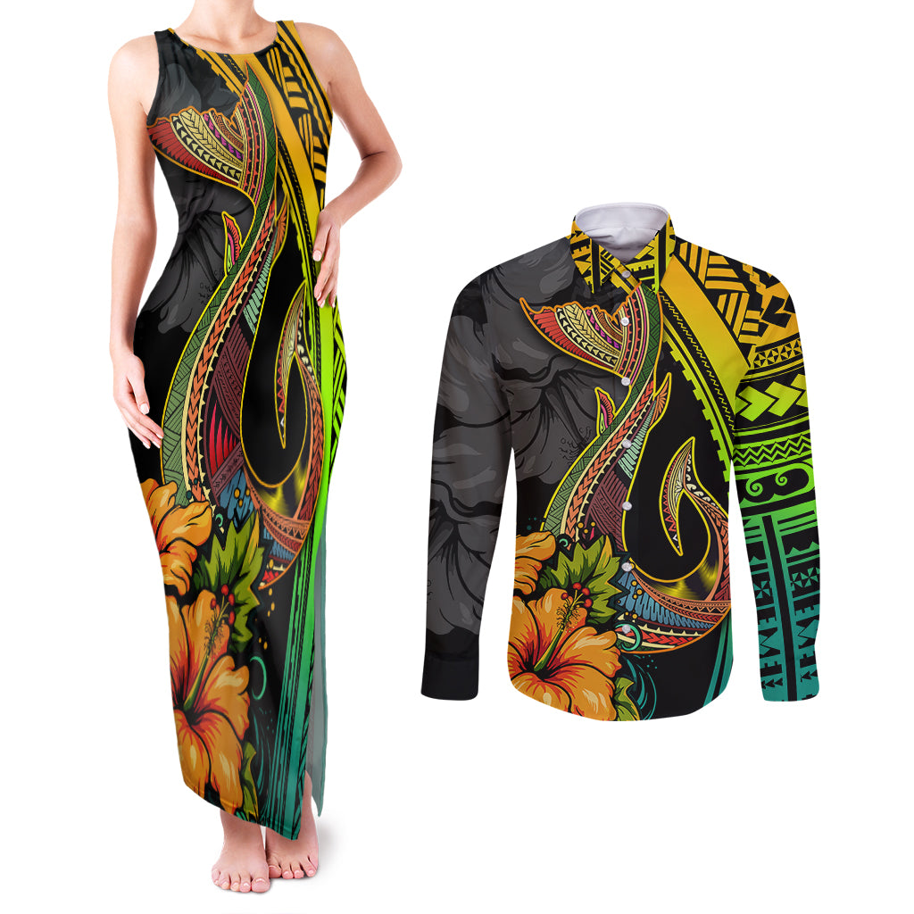Hawaii Couples Matching Tank Maxi Dress and Long Sleeve Button Shirts Polynesian Fish Hook and Hibiscus Flowers with Gradient Pattern - Wonder Print Shop