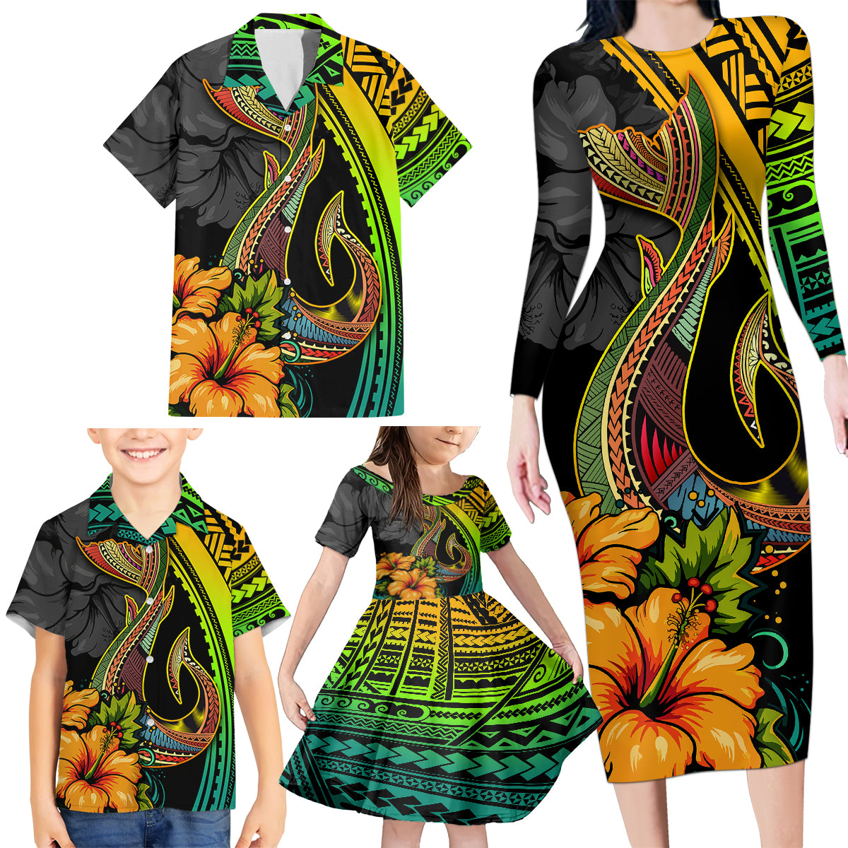 Hawaii Family Matching Long Sleeve Bodycon Dress and Hawaiian Shirt Polynesian Fish Hook and Hibiscus Flowers with Gradient Pattern - Wonder Print Shop