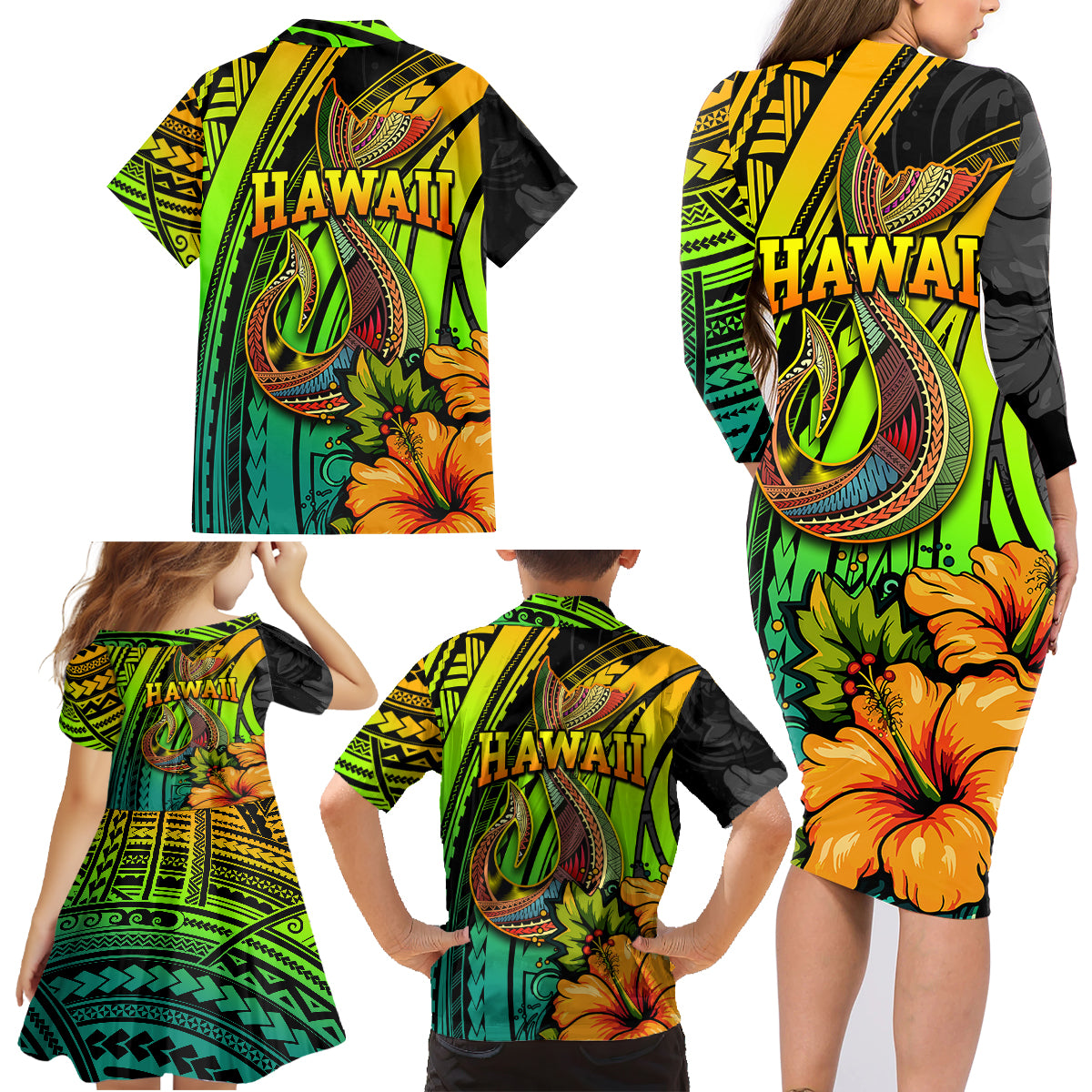 Hawaii Family Matching Long Sleeve Bodycon Dress and Hawaiian Shirt Polynesian Fish Hook and Hibiscus Flowers with Gradient Pattern - Wonder Print Shop