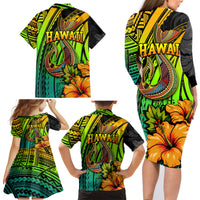 Hawaii Family Matching Long Sleeve Bodycon Dress and Hawaiian Shirt Polynesian Fish Hook and Hibiscus Flowers with Gradient Pattern - Wonder Print Shop