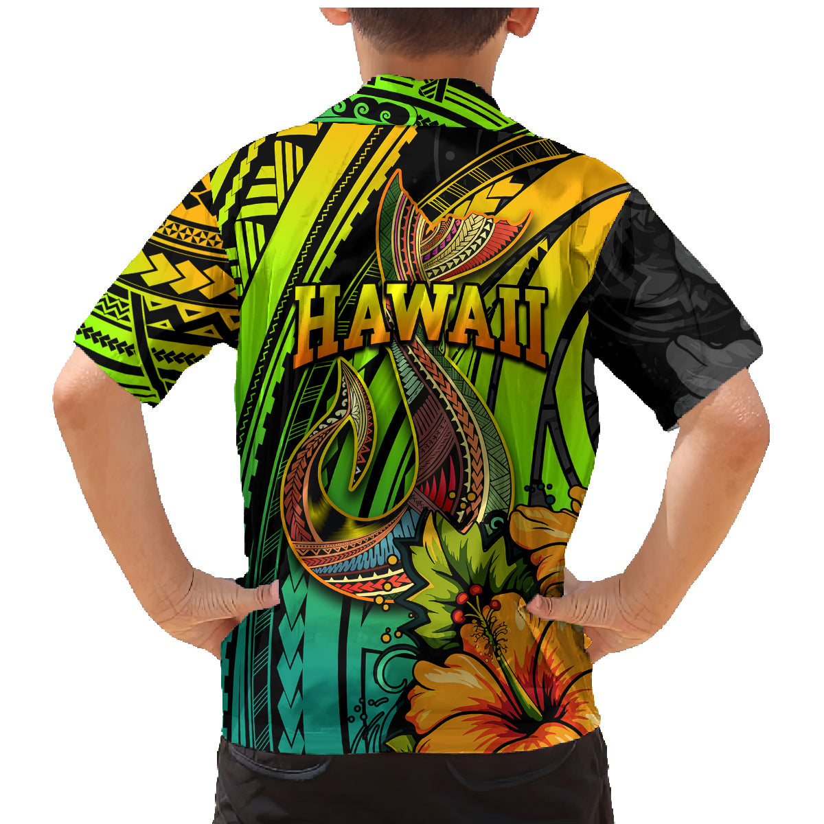 Hawaii Family Matching Mermaid Dress and Hawaiian Shirt Polynesian Fish Hook and Hibiscus Flowers with Gradient Pattern - Wonder Print Shop
