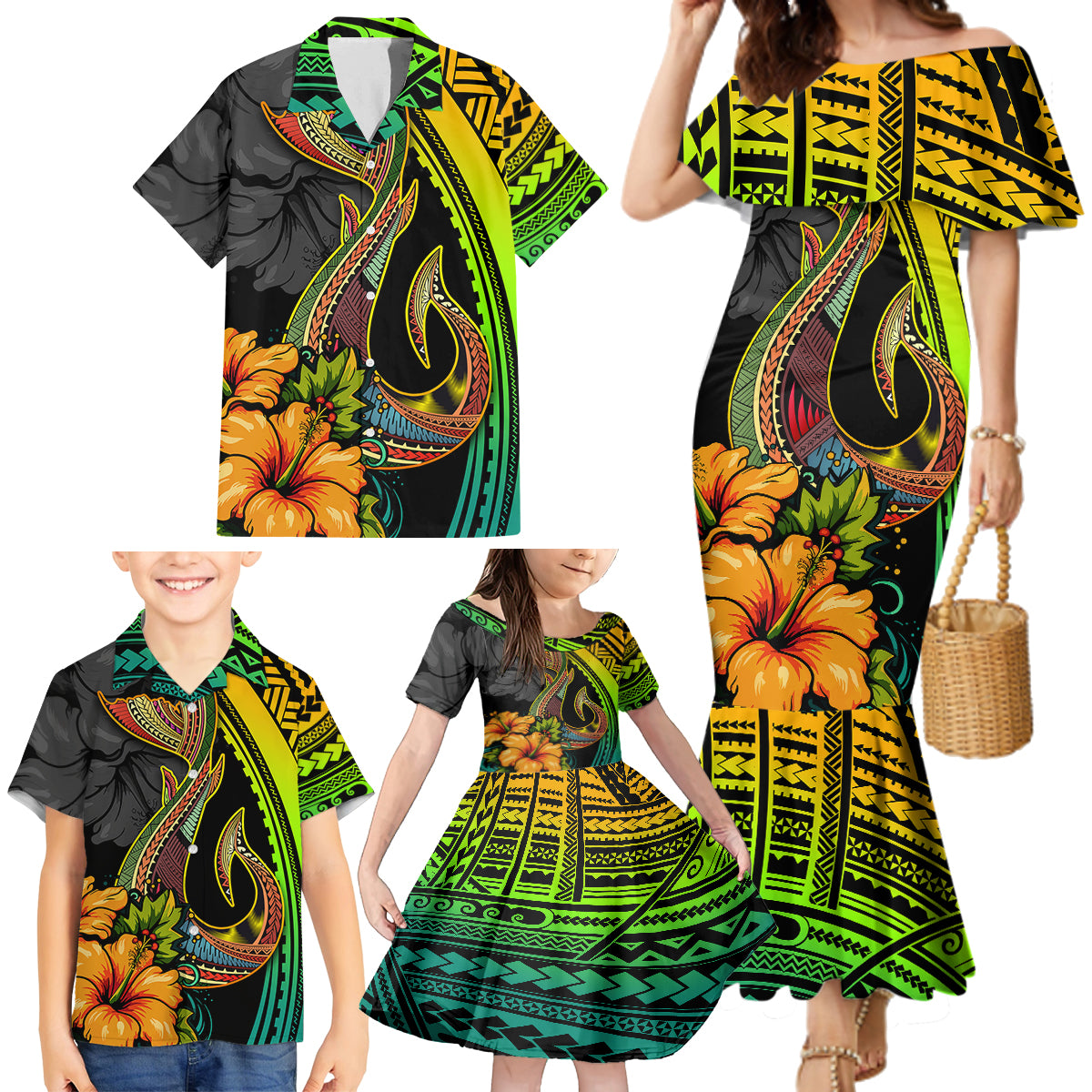 Hawaii Family Matching Mermaid Dress and Hawaiian Shirt Polynesian Fish Hook and Hibiscus Flowers with Gradient Pattern - Wonder Print Shop