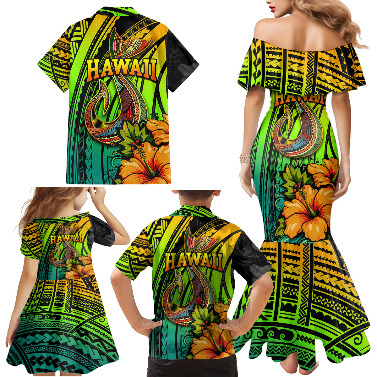 Hawaii Family Matching Mermaid Dress and Hawaiian Shirt Polynesian Fish Hook and Hibiscus Flowers with Gradient Pattern - Wonder Print Shop