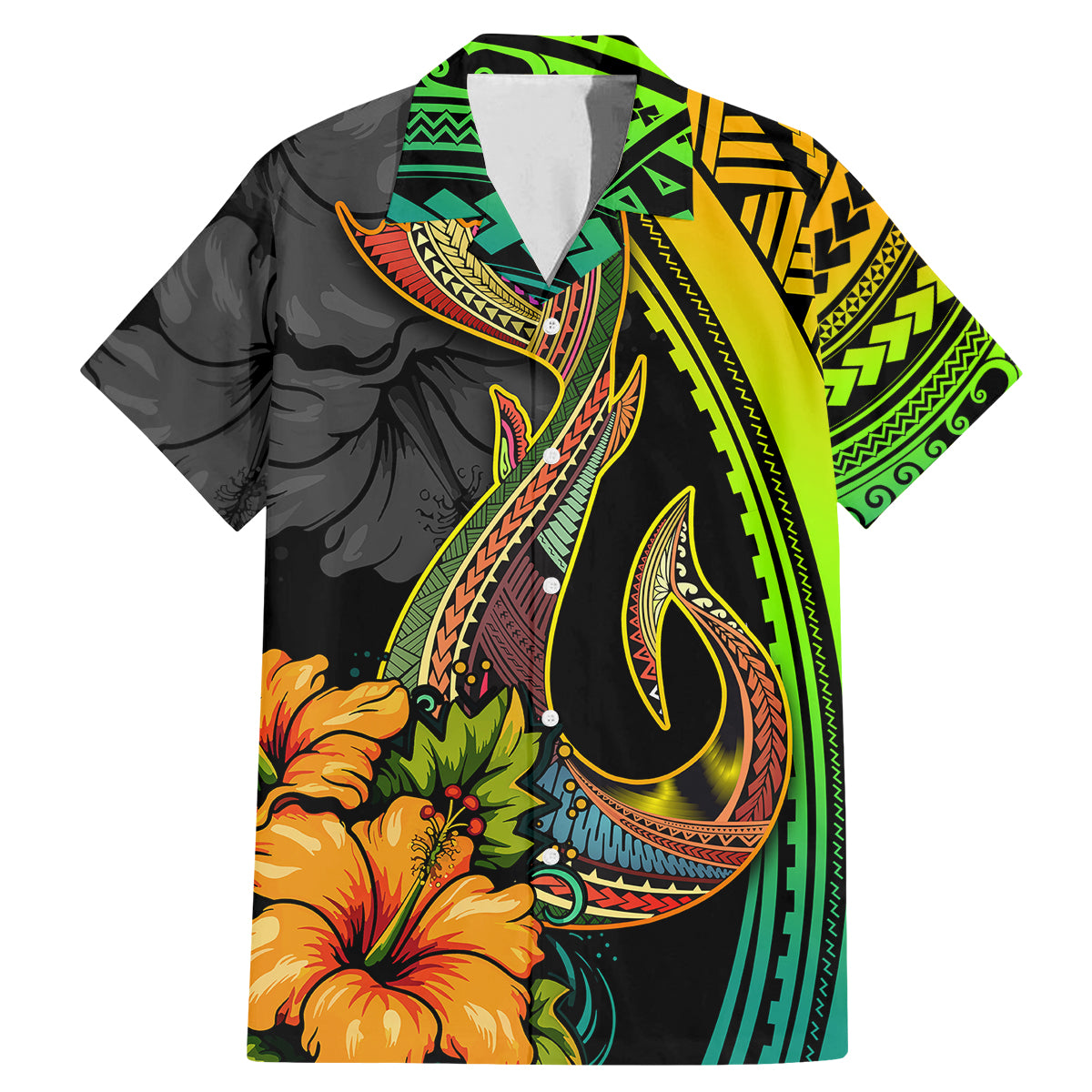 Hawaii Family Matching Mermaid Dress and Hawaiian Shirt Polynesian Fish Hook and Hibiscus Flowers with Gradient Pattern - Wonder Print Shop