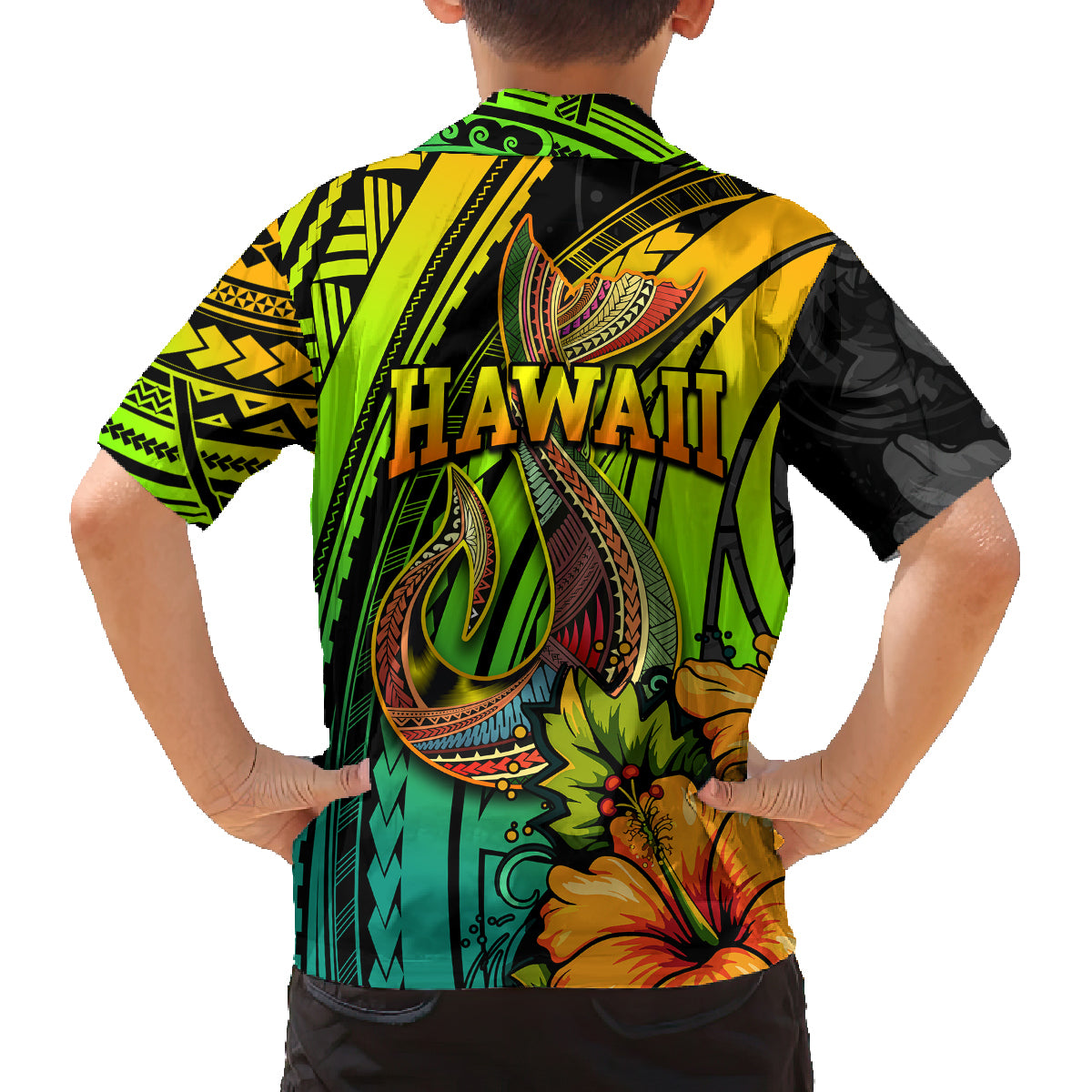 Hawaii Family Matching Off Shoulder Long Sleeve Dress and Hawaiian Shirt Polynesian Fish Hook and Hibiscus Flowers with Gradient Pattern - Wonder Print Shop