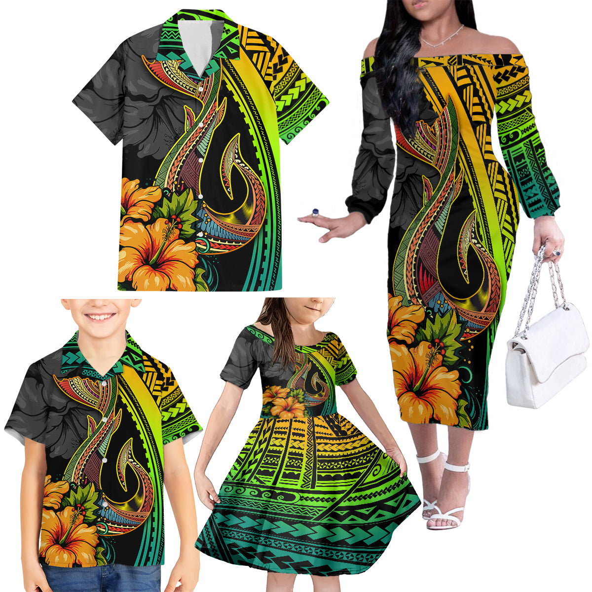 Hawaii Family Matching Off Shoulder Long Sleeve Dress and Hawaiian Shirt Polynesian Fish Hook and Hibiscus Flowers with Gradient Pattern - Wonder Print Shop