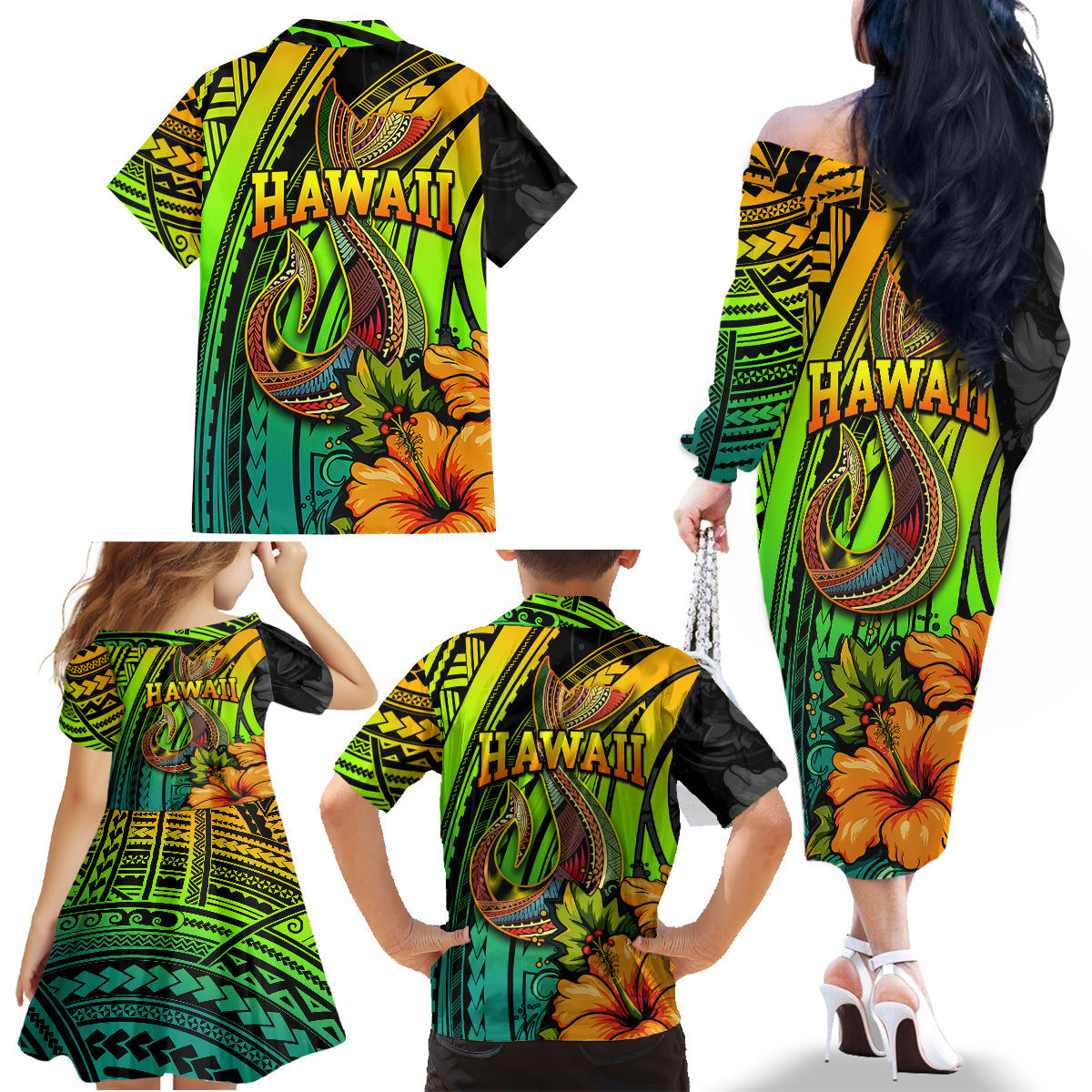 Hawaii Family Matching Off Shoulder Long Sleeve Dress and Hawaiian Shirt Polynesian Fish Hook and Hibiscus Flowers with Gradient Pattern - Wonder Print Shop