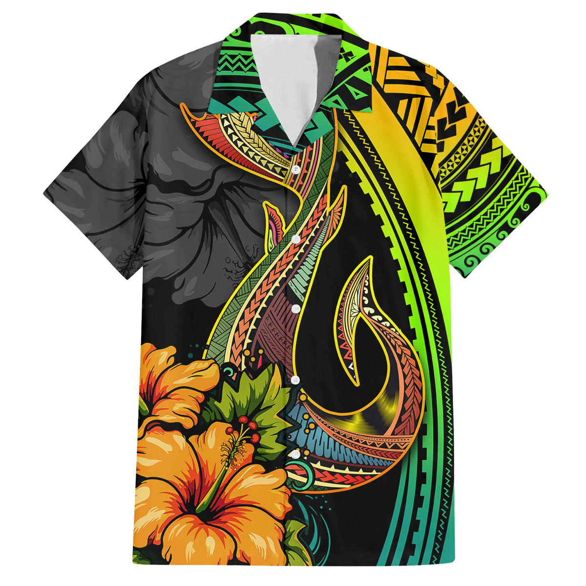 Hawaii Family Matching Off Shoulder Long Sleeve Dress and Hawaiian Shirt Polynesian Fish Hook and Hibiscus Flowers with Gradient Pattern - Wonder Print Shop