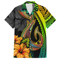 Hawaii Family Matching Off Shoulder Long Sleeve Dress and Hawaiian Shirt Polynesian Fish Hook and Hibiscus Flowers with Gradient Pattern - Wonder Print Shop