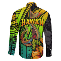 Hawaii Family Matching Off Shoulder Long Sleeve Dress and Hawaiian Shirt Polynesian Fish Hook and Hibiscus Flowers with Gradient Pattern - Wonder Print Shop
