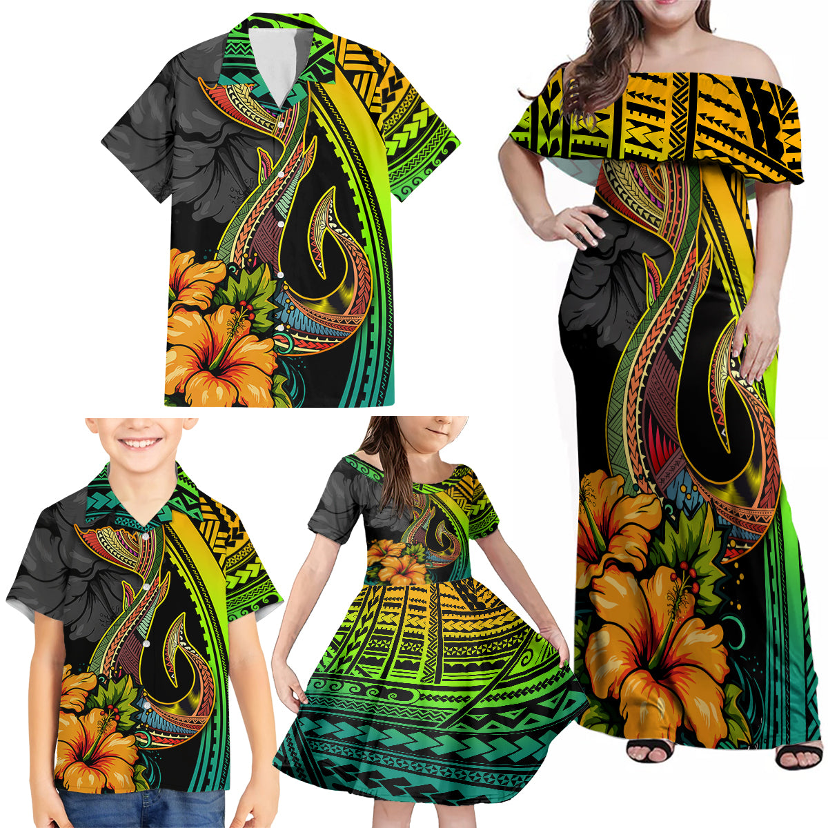 Hawaii Family Matching Off Shoulder Maxi Dress and Hawaiian Shirt Polynesian Fish Hook and Hibiscus Flowers with Gradient Pattern - Wonder Print Shop