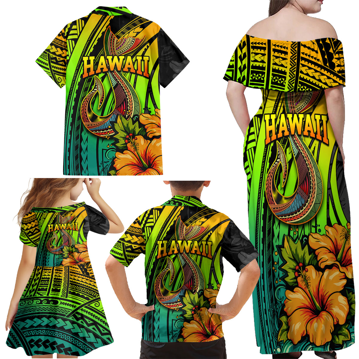 Hawaii Family Matching Off Shoulder Maxi Dress and Hawaiian Shirt Polynesian Fish Hook and Hibiscus Flowers with Gradient Pattern - Wonder Print Shop