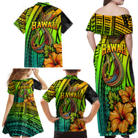Hawaii Family Matching Off Shoulder Maxi Dress and Hawaiian Shirt Polynesian Fish Hook and Hibiscus Flowers with Gradient Pattern - Wonder Print Shop