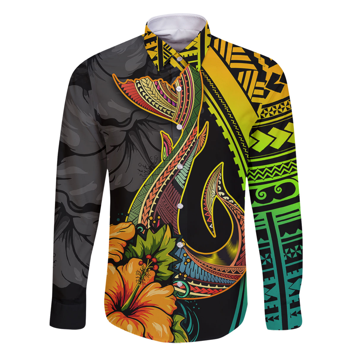 Hawaii Family Matching Off Shoulder Maxi Dress and Hawaiian Shirt Polynesian Fish Hook and Hibiscus Flowers with Gradient Pattern - Wonder Print Shop