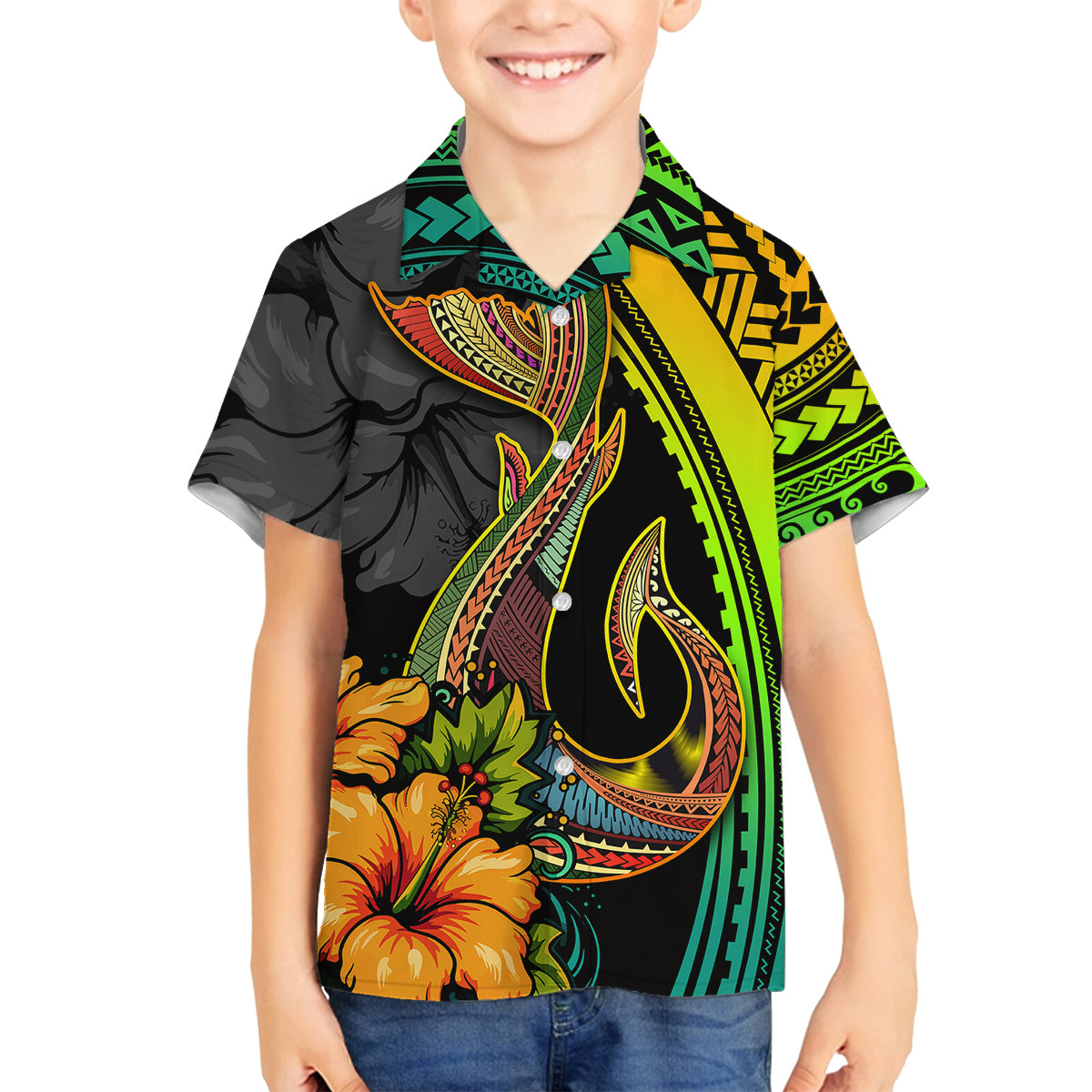 Hawaii Family Matching Off Shoulder Maxi Dress and Hawaiian Shirt Polynesian Fish Hook and Hibiscus Flowers with Gradient Pattern - Wonder Print Shop