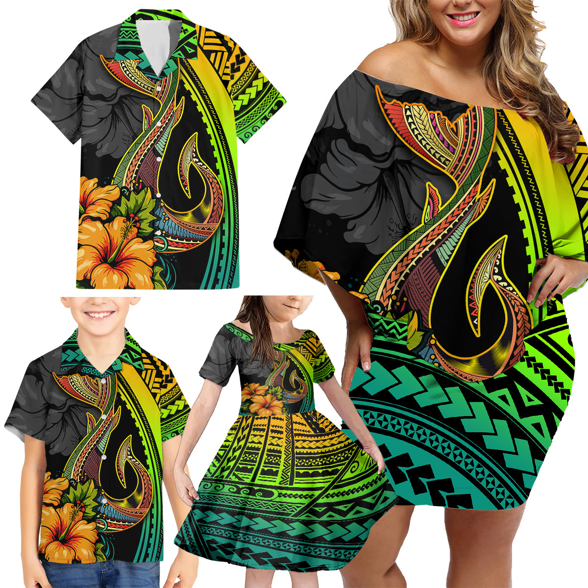 Hawaii Family Matching Off Shoulder Short Dress and Hawaiian Shirt Polynesian Fish Hook and Hibiscus Flowers with Gradient Pattern - Wonder Print Shop