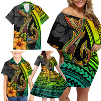 Hawaii Family Matching Off Shoulder Short Dress and Hawaiian Shirt Polynesian Fish Hook and Hibiscus Flowers with Gradient Pattern - Wonder Print Shop