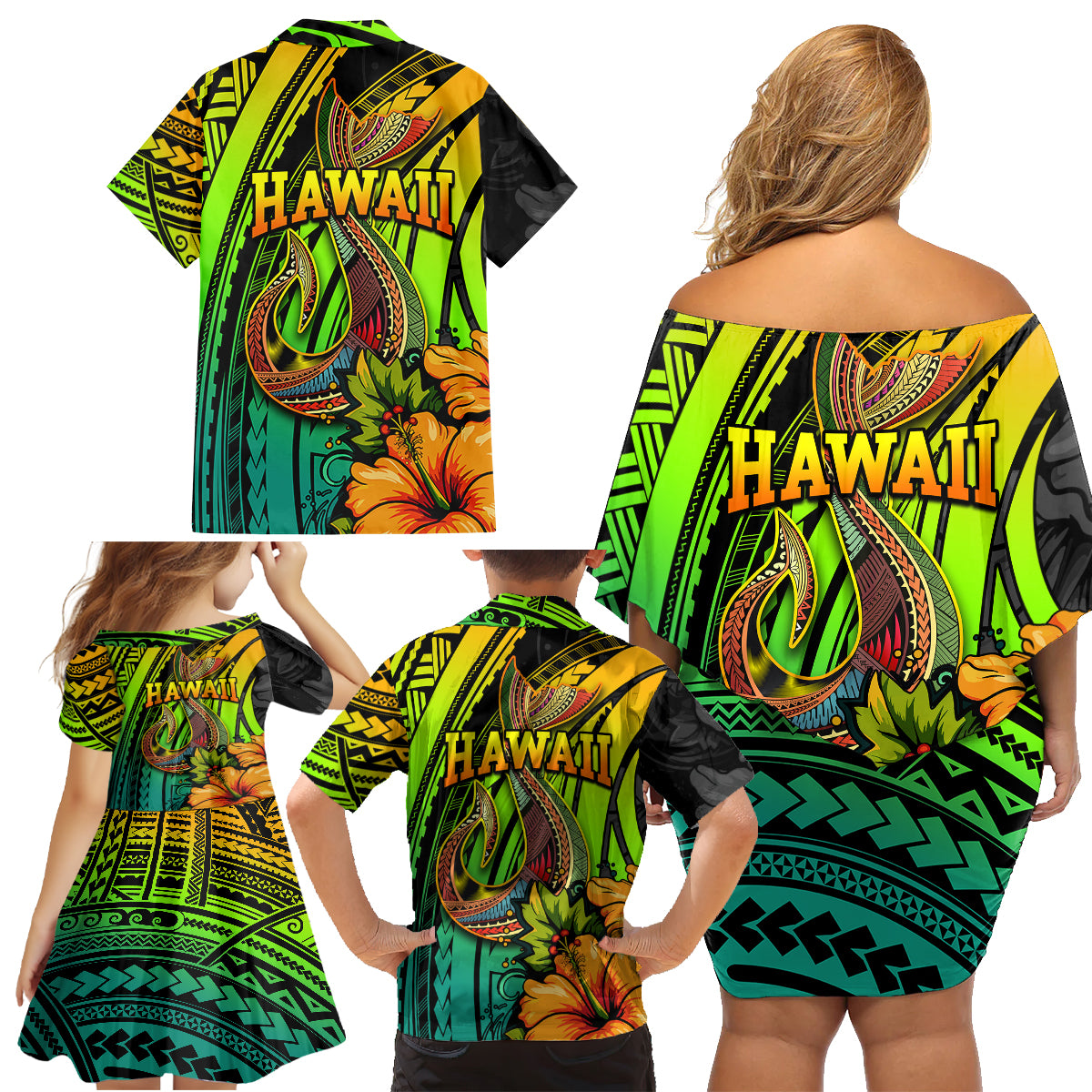 Hawaii Family Matching Off Shoulder Short Dress and Hawaiian Shirt Polynesian Fish Hook and Hibiscus Flowers with Gradient Pattern - Wonder Print Shop
