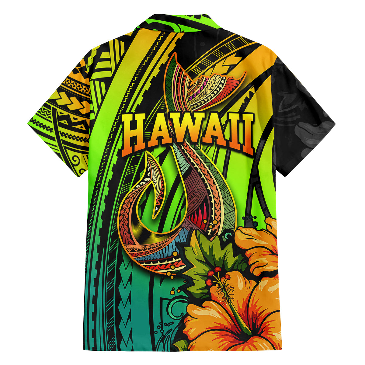 Hawaii Family Matching Off Shoulder Short Dress and Hawaiian Shirt Polynesian Fish Hook and Hibiscus Flowers with Gradient Pattern - Wonder Print Shop