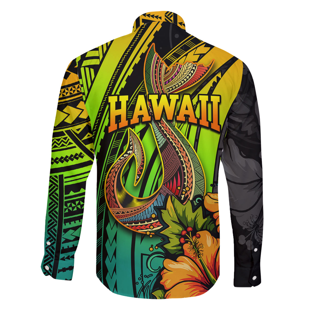 Hawaii Family Matching Off Shoulder Short Dress and Hawaiian Shirt Polynesian Fish Hook and Hibiscus Flowers with Gradient Pattern - Wonder Print Shop