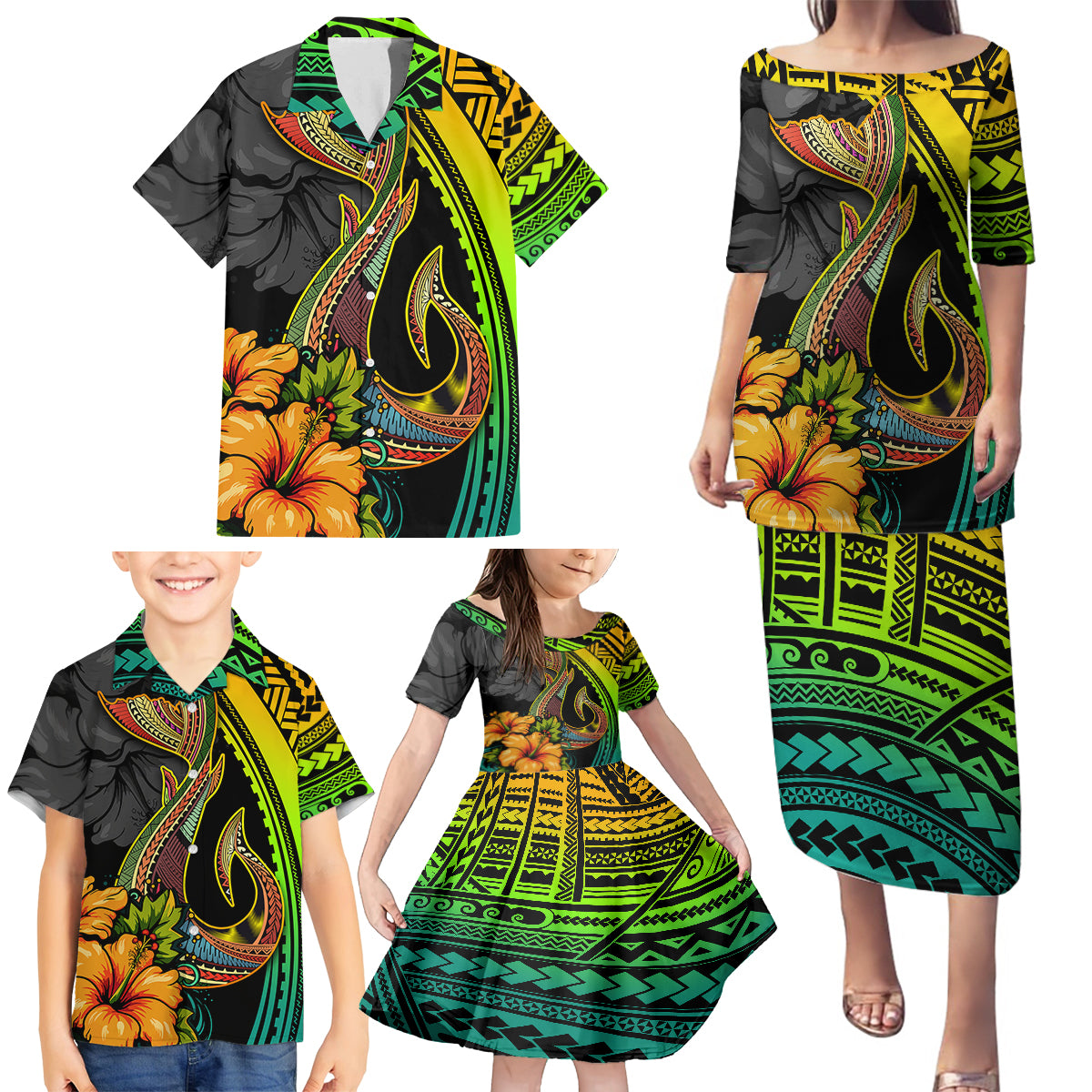 Hawaii Family Matching Puletasi Dress and Hawaiian Shirt Polynesian Fish Hook and Hibiscus Flowers with Gradient Pattern - Wonder Print Shop