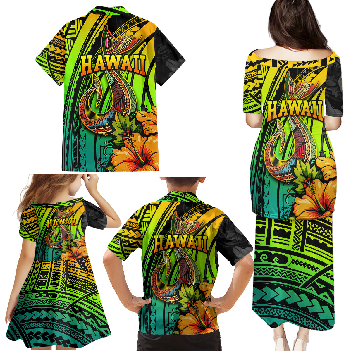 Hawaii Family Matching Puletasi Dress and Hawaiian Shirt Polynesian Fish Hook and Hibiscus Flowers with Gradient Pattern - Wonder Print Shop