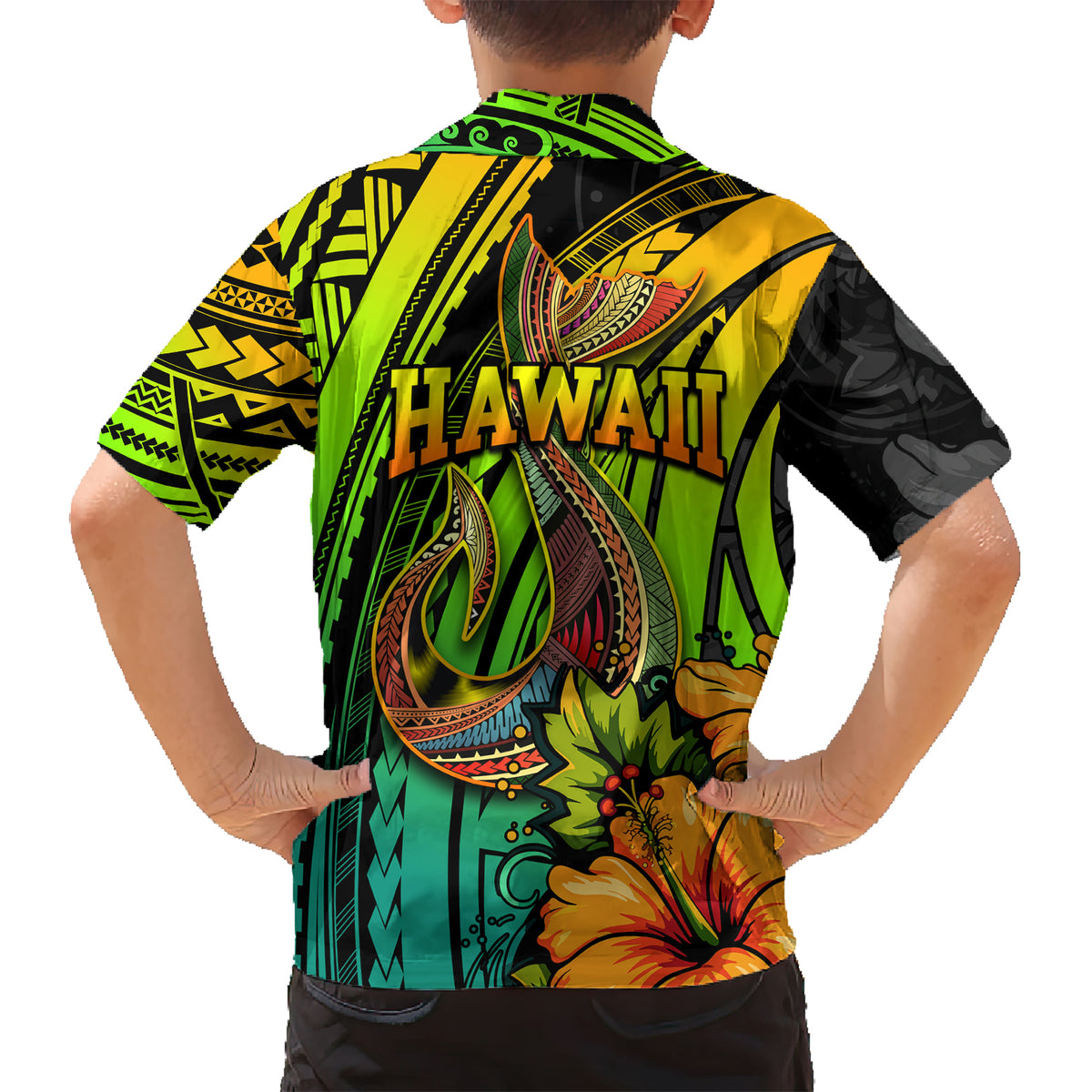 Hawaii Family Matching Short Sleeve Bodycon Dress and Hawaiian Shirt Polynesian Fish Hook and Hibiscus Flowers with Gradient Pattern - Wonder Print Shop
