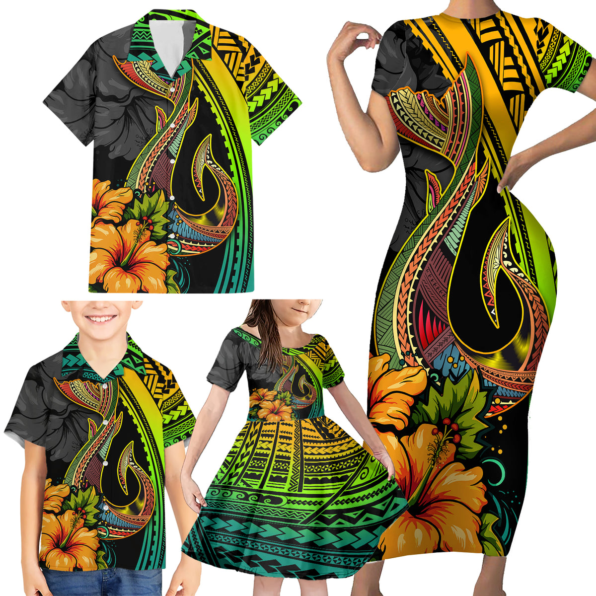 Hawaii Family Matching Short Sleeve Bodycon Dress and Hawaiian Shirt Polynesian Fish Hook and Hibiscus Flowers with Gradient Pattern - Wonder Print Shop