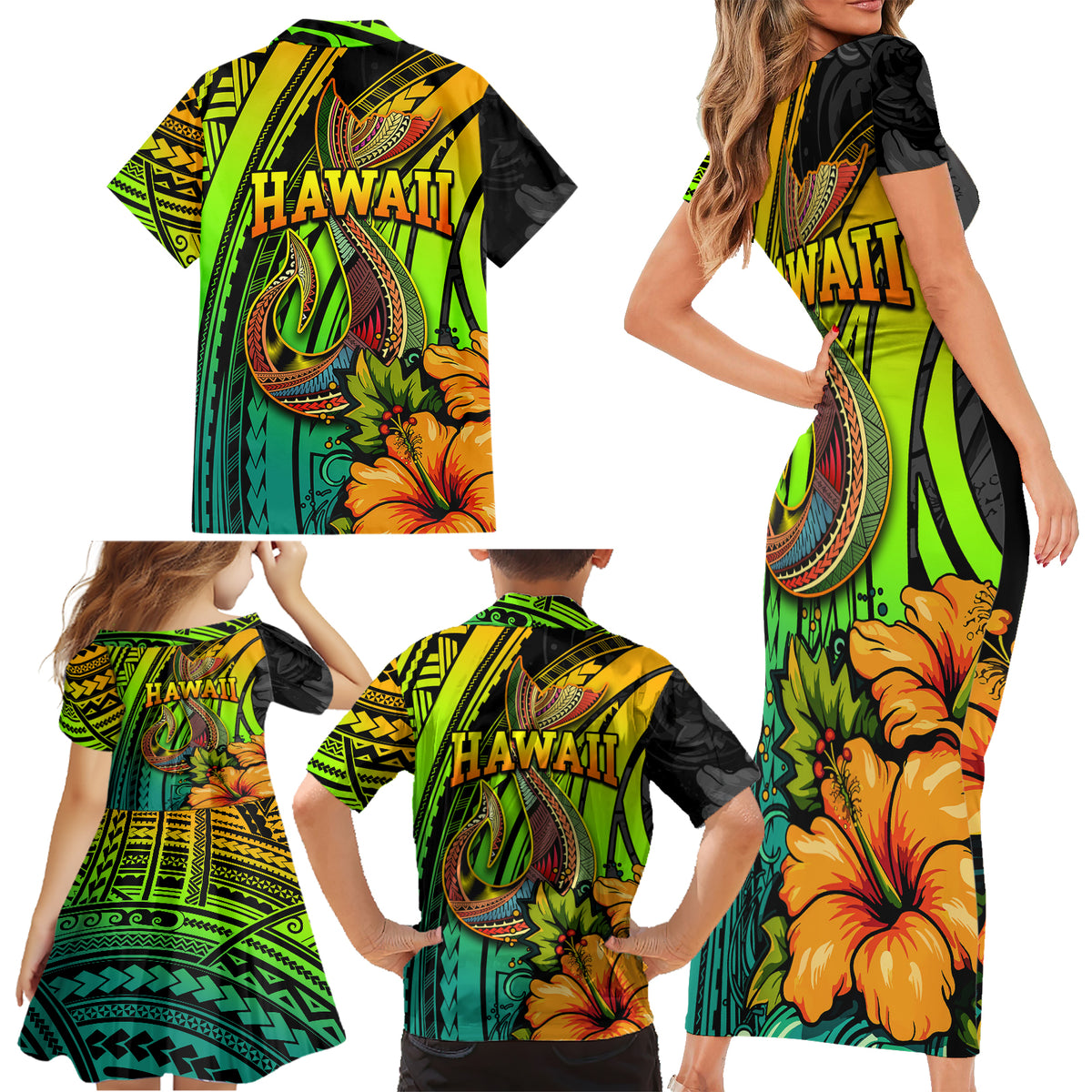 Hawaii Family Matching Short Sleeve Bodycon Dress and Hawaiian Shirt Polynesian Fish Hook and Hibiscus Flowers with Gradient Pattern - Wonder Print Shop