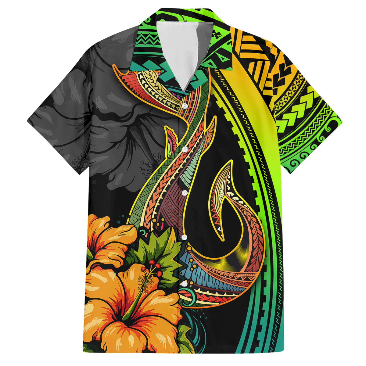 Hawaii Family Matching Short Sleeve Bodycon Dress and Hawaiian Shirt Polynesian Fish Hook and Hibiscus Flowers with Gradient Pattern - Wonder Print Shop