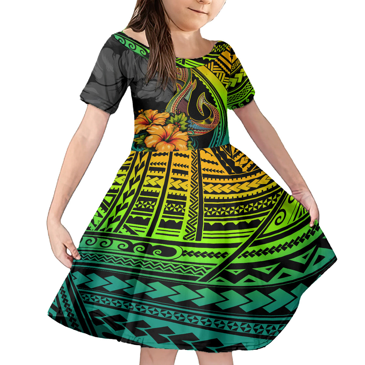 Hawaii Family Matching Summer Maxi Dress and Hawaiian Shirt Polynesian Fish Hook and Hibiscus Flowers with Gradient Pattern - Wonder Print Shop