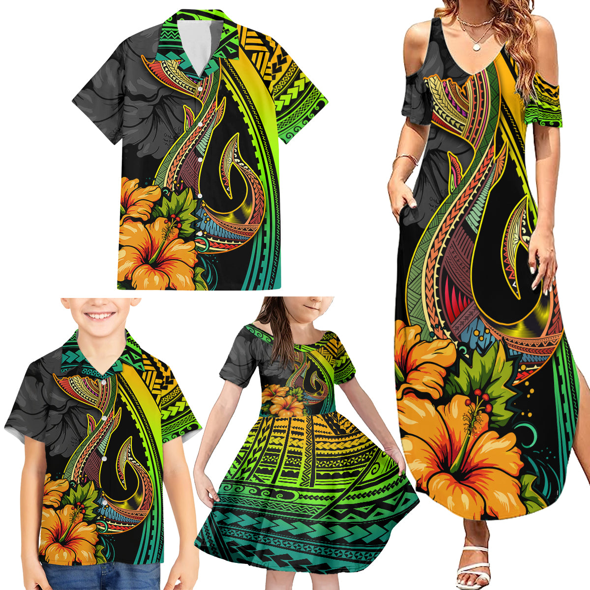 Hawaii Family Matching Summer Maxi Dress and Hawaiian Shirt Polynesian Fish Hook and Hibiscus Flowers with Gradient Pattern - Wonder Print Shop