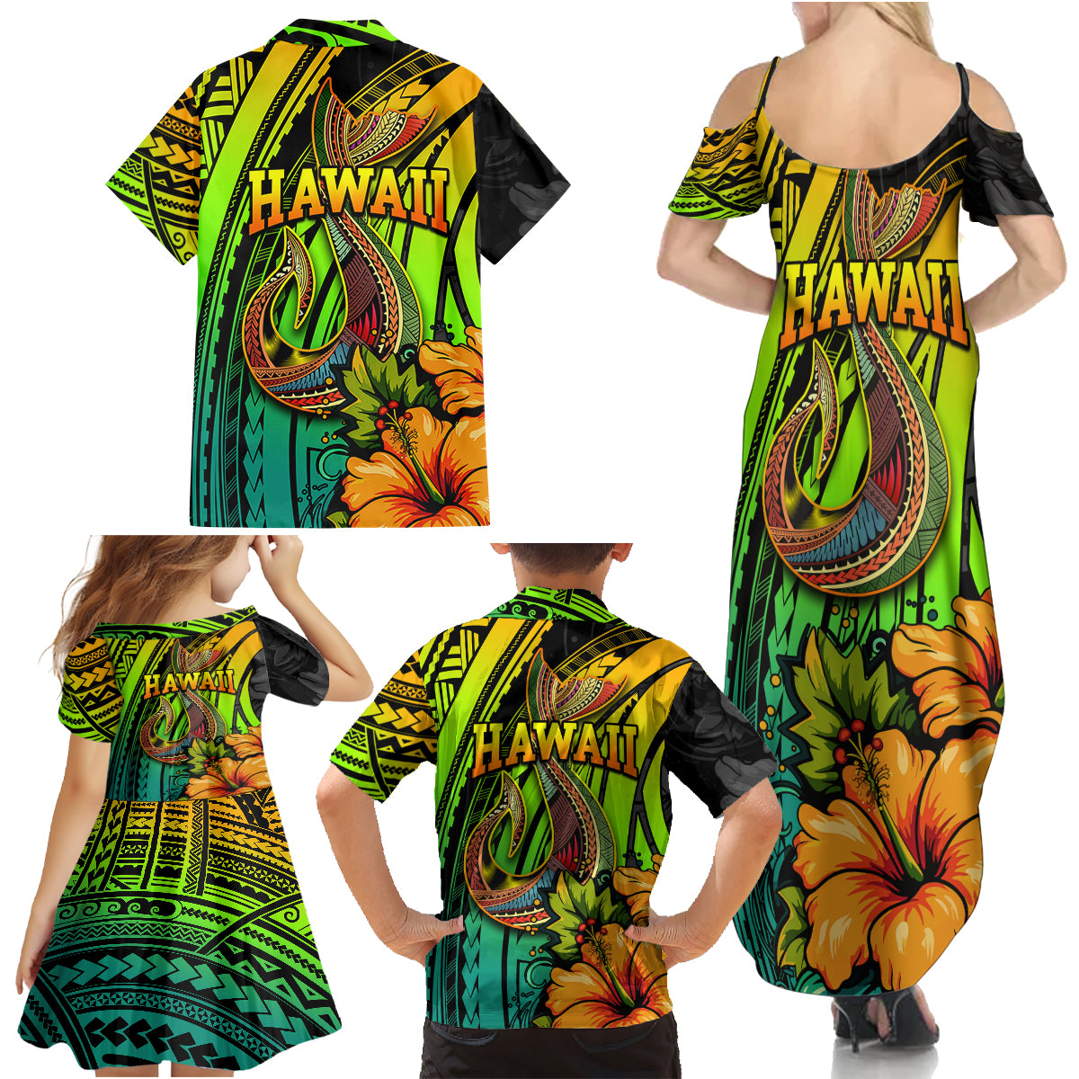 Hawaii Family Matching Summer Maxi Dress and Hawaiian Shirt Polynesian Fish Hook and Hibiscus Flowers with Gradient Pattern - Wonder Print Shop