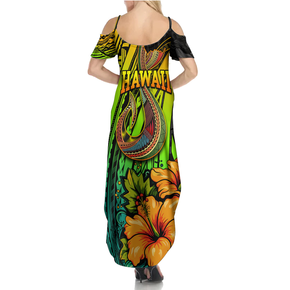 Hawaii Family Matching Summer Maxi Dress and Hawaiian Shirt Polynesian Fish Hook and Hibiscus Flowers with Gradient Pattern - Wonder Print Shop