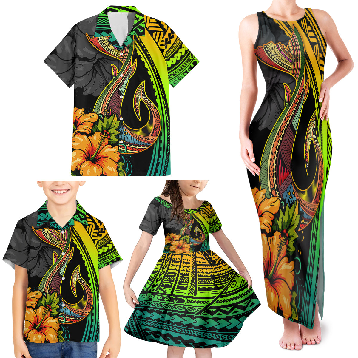 Hawaii Family Matching Tank Maxi Dress and Hawaiian Shirt Polynesian Fish Hook and Hibiscus Flowers with Gradient Pattern - Wonder Print Shop