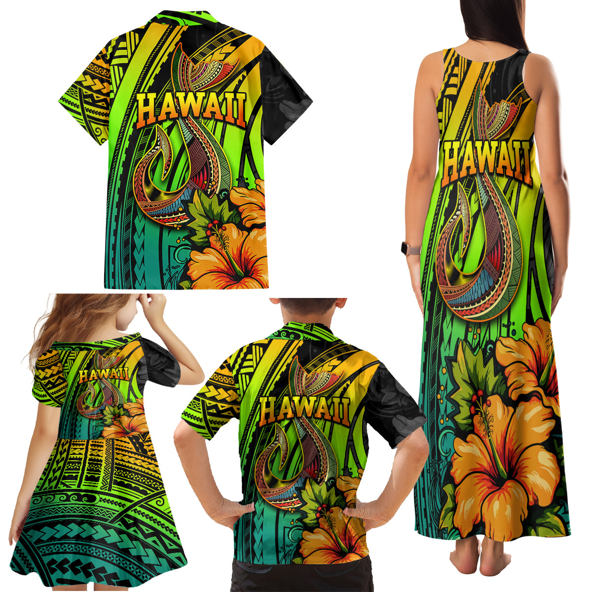 Hawaii Family Matching Tank Maxi Dress and Hawaiian Shirt Polynesian Fish Hook and Hibiscus Flowers with Gradient Pattern - Wonder Print Shop