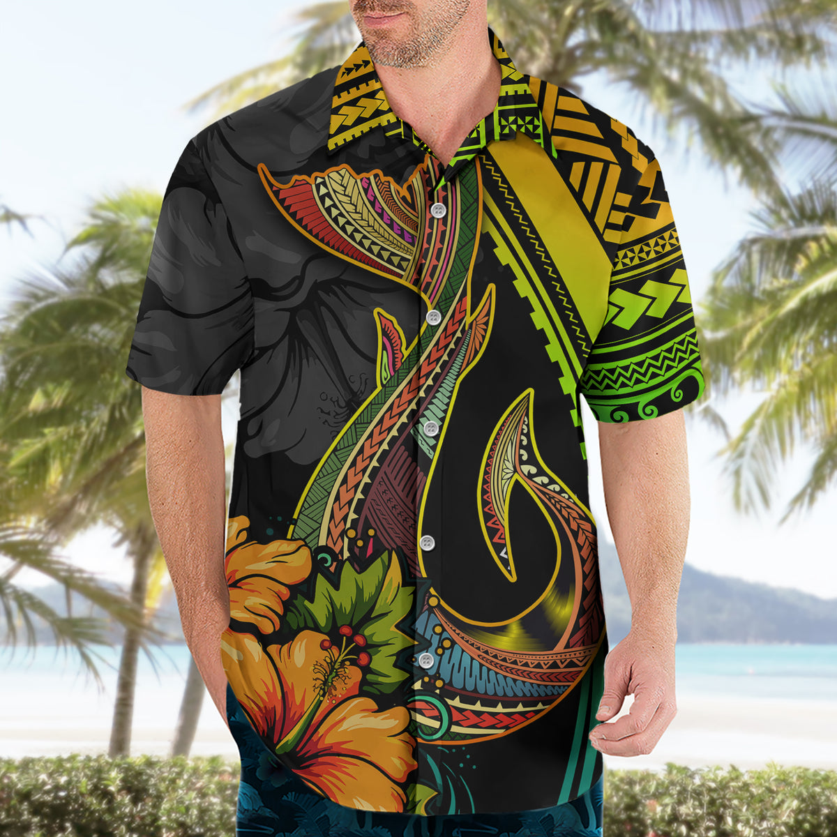 Hawaii Hawaiian Shirt Polynesian Fish Hook and Hibiscus Flowers with Gradient Pattern - Wonder Print Shop
