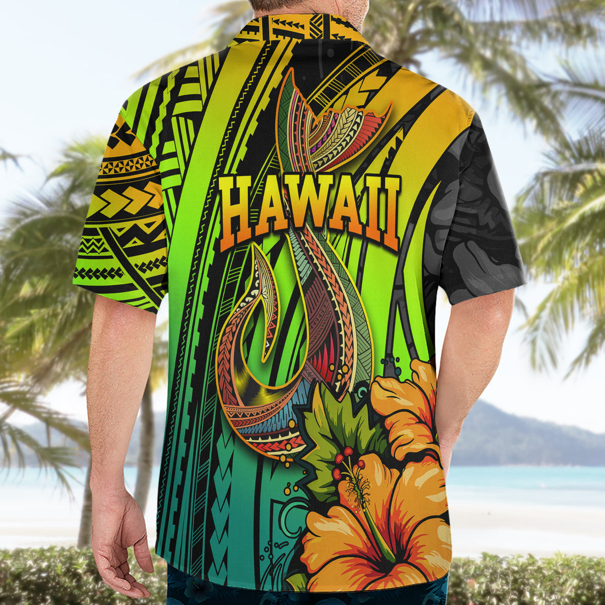 Hawaii Hawaiian Shirt Polynesian Fish Hook and Hibiscus Flowers with Gradient Pattern - Wonder Print Shop