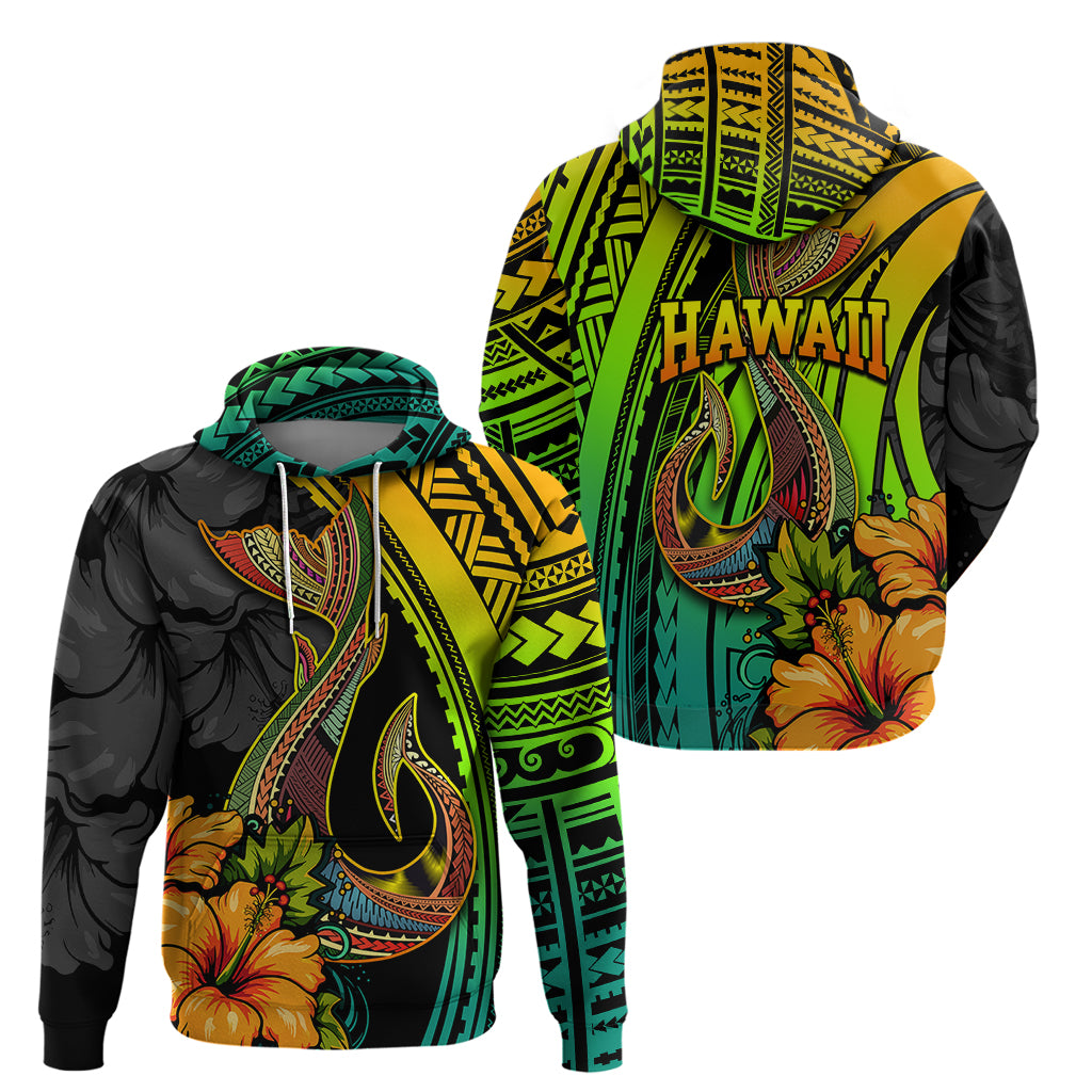 Hawaii Hoodie Polynesian Fish Hook and Hibiscus Flowers with Gradient Pattern - Wonder Print Shop