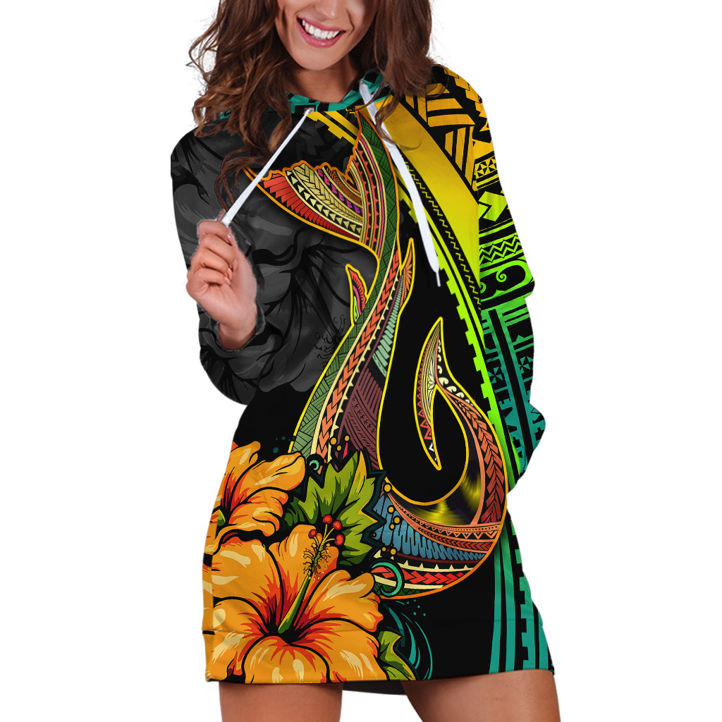 Hawaii Hoodie Dress Polynesian Fish Hook and Hibiscus Flowers with Gradient Pattern - Wonder Print Shop