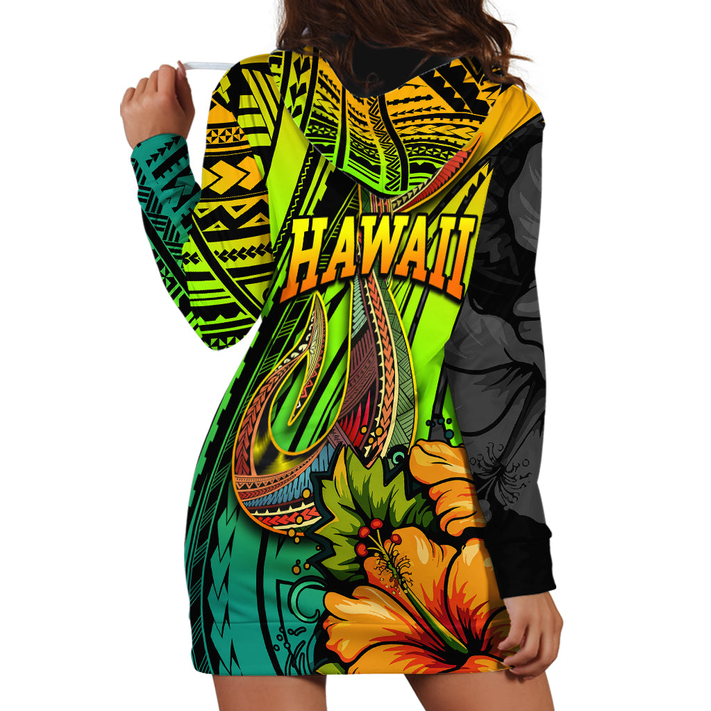 Hawaii Hoodie Dress Polynesian Fish Hook and Hibiscus Flowers with Gradient Pattern - Wonder Print Shop