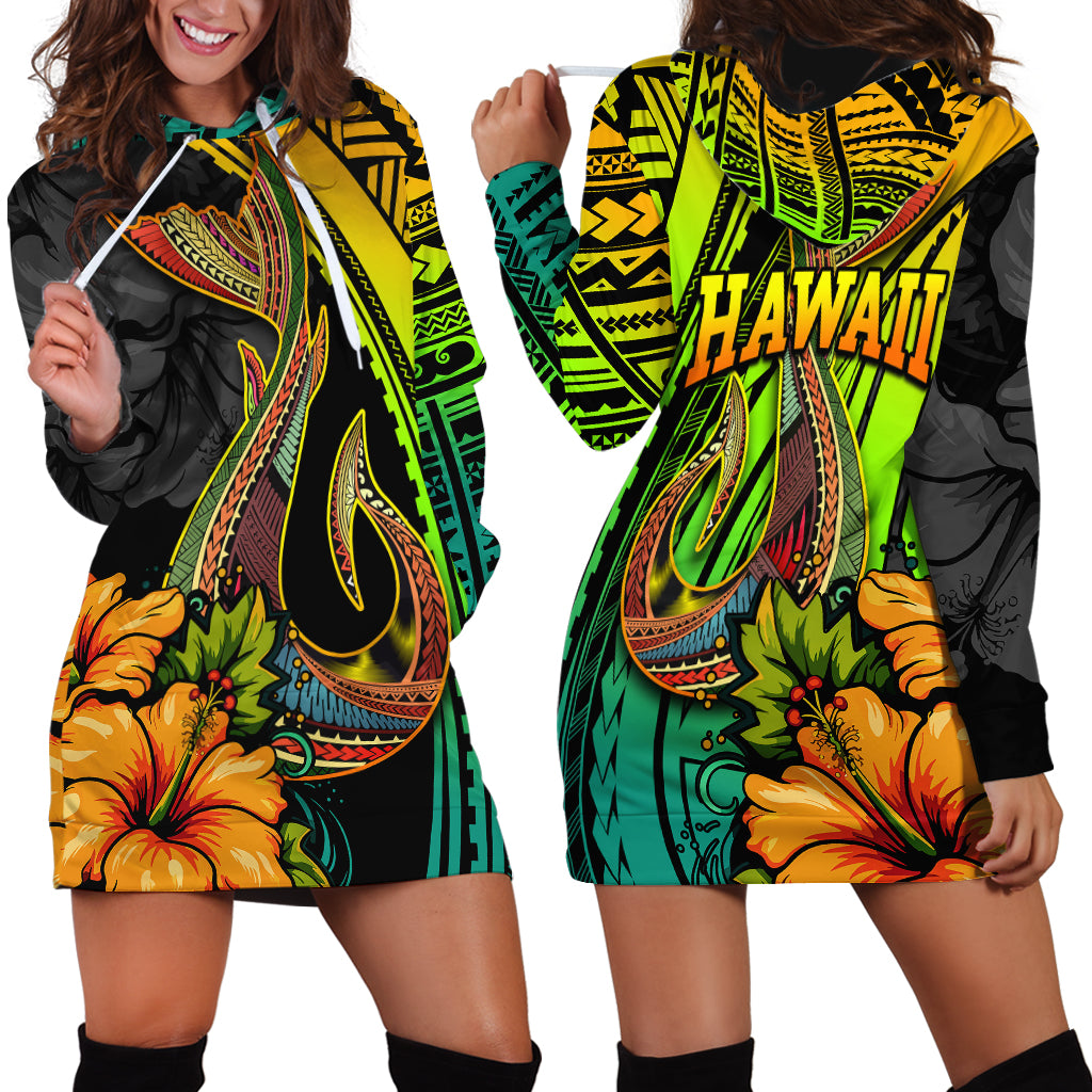 Hawaii Hoodie Dress Polynesian Fish Hook and Hibiscus Flowers with Gradient Pattern - Wonder Print Shop