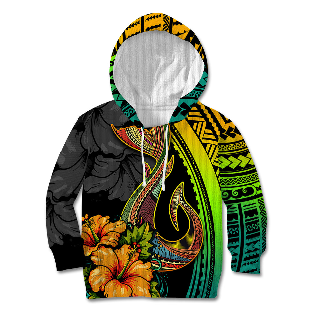 Hawaii Kid Hoodie Polynesian Fish Hook and Hibiscus Flowers with Gradient Pattern - Wonder Print Shop