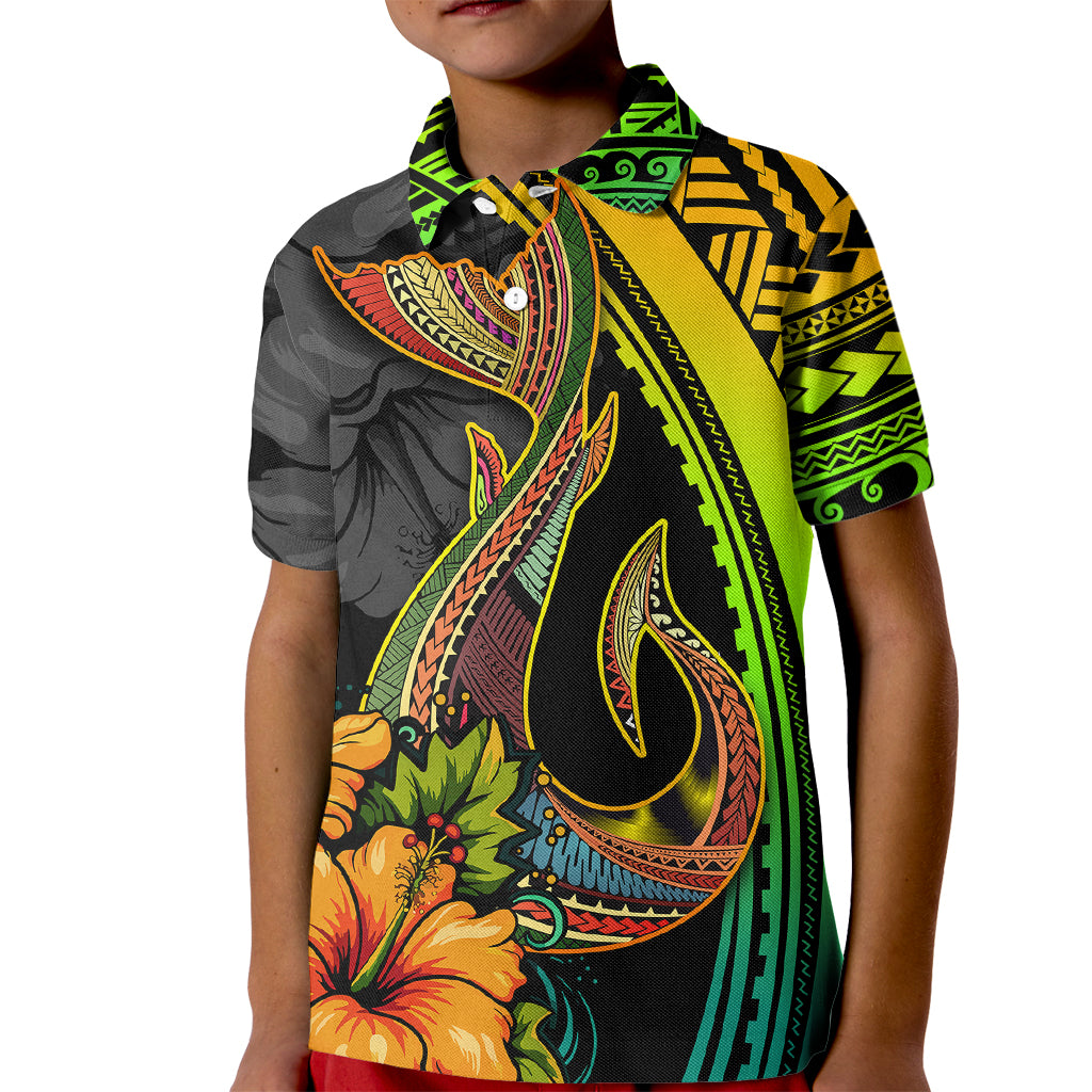 Hawaii Kid Polo Shirt Polynesian Fish Hook and Hibiscus Flowers with Gradient Pattern - Wonder Print Shop