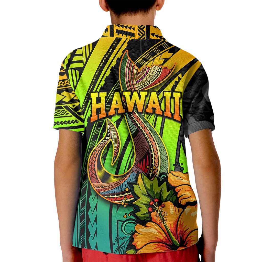 Hawaii Kid Polo Shirt Polynesian Fish Hook and Hibiscus Flowers with Gradient Pattern - Wonder Print Shop