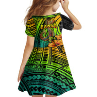 Hawaii Kid Short Sleeve Dress Polynesian Fish Hook and Hibiscus Flowers with Gradient Pattern - Wonder Print Shop
