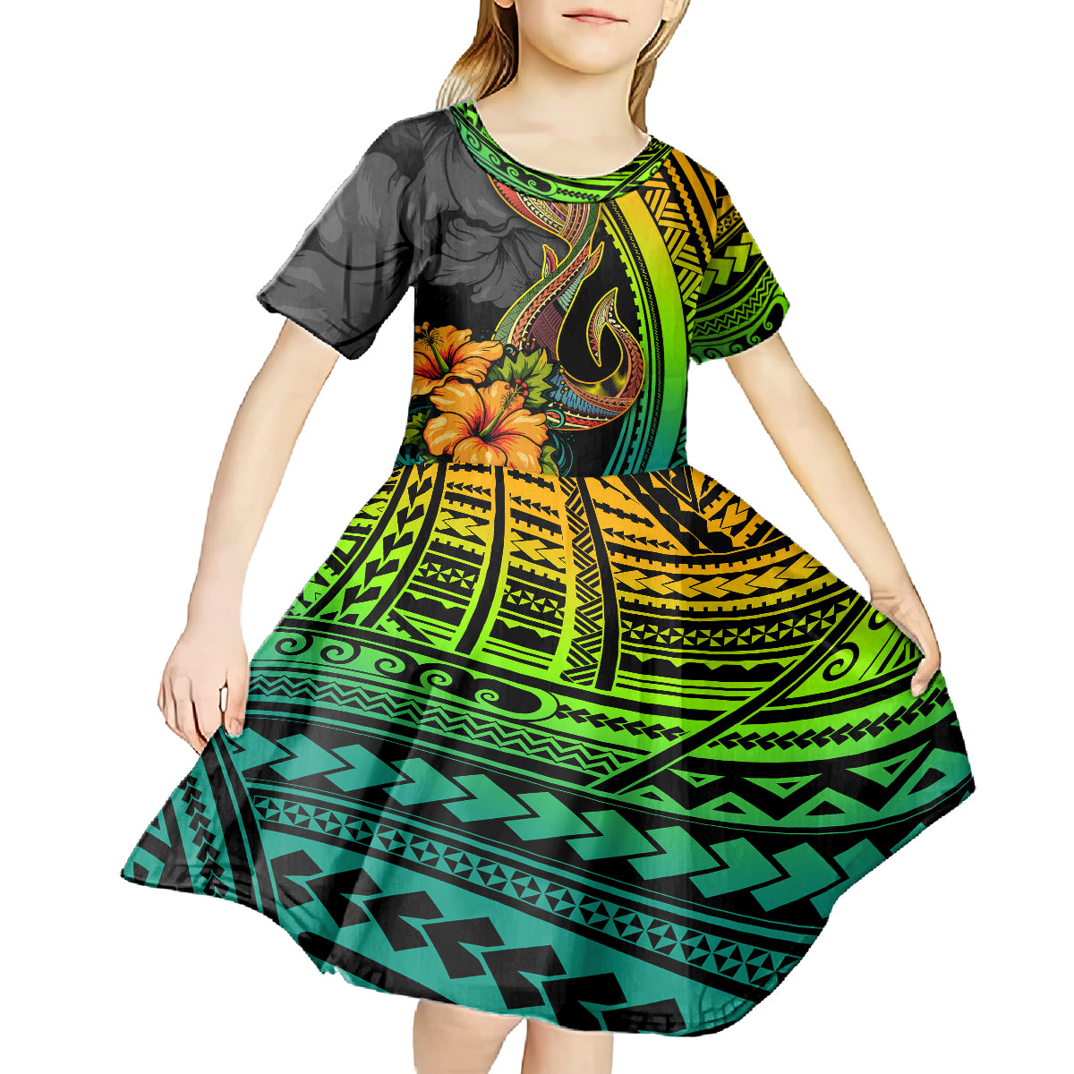 Hawaii Kid Short Sleeve Dress Polynesian Fish Hook and Hibiscus Flowers with Gradient Pattern - Wonder Print Shop