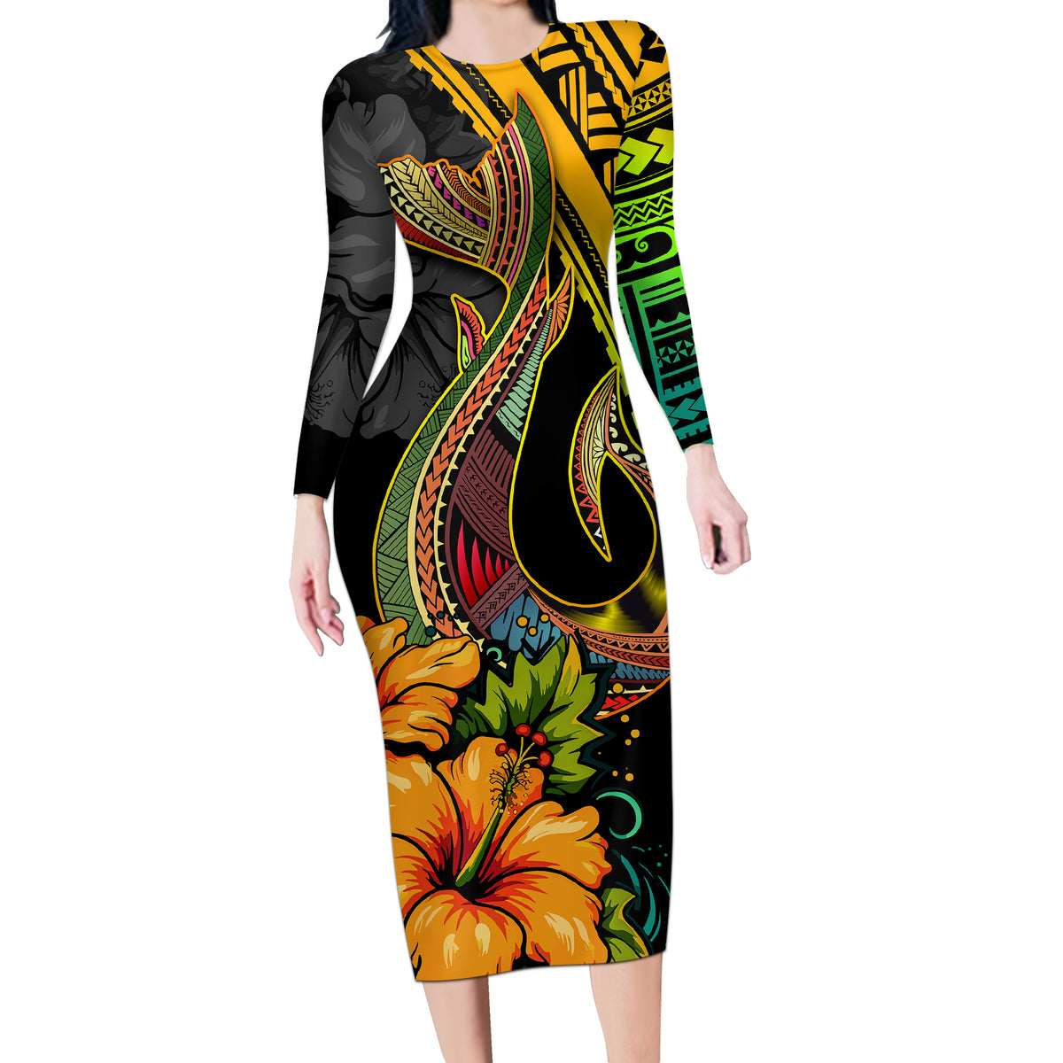 Hawaii Long Sleeve Bodycon Dress Polynesian Fish Hook and Hibiscus Flowers with Gradient Pattern - Wonder Print Shop
